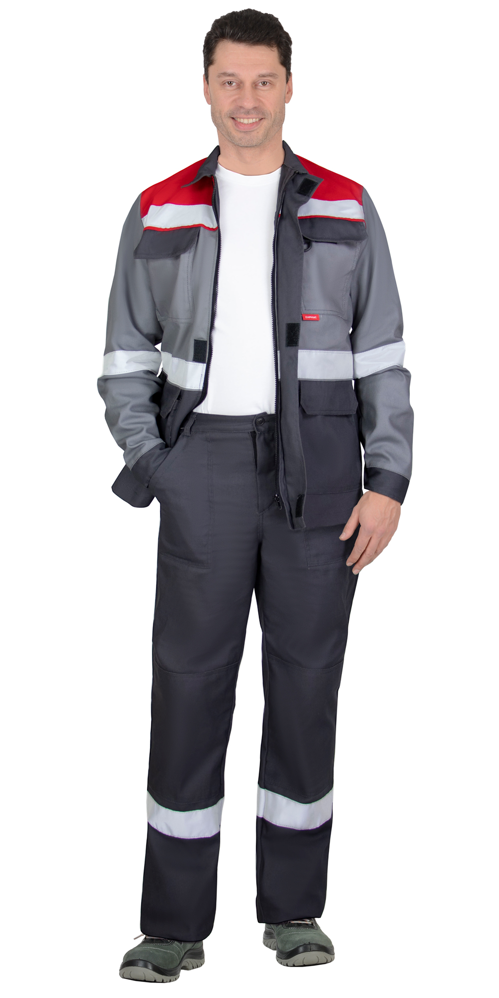 Костюм СИРИУС-ПАРИТЕТ куртка удлиненная, брюки, темно-серый со средне-серым, красным и СОП Костюм СИРИУС-ПАРИТЕТ куртка удлиненная, брюки, темно-серый со средне-серым, красным и СОП