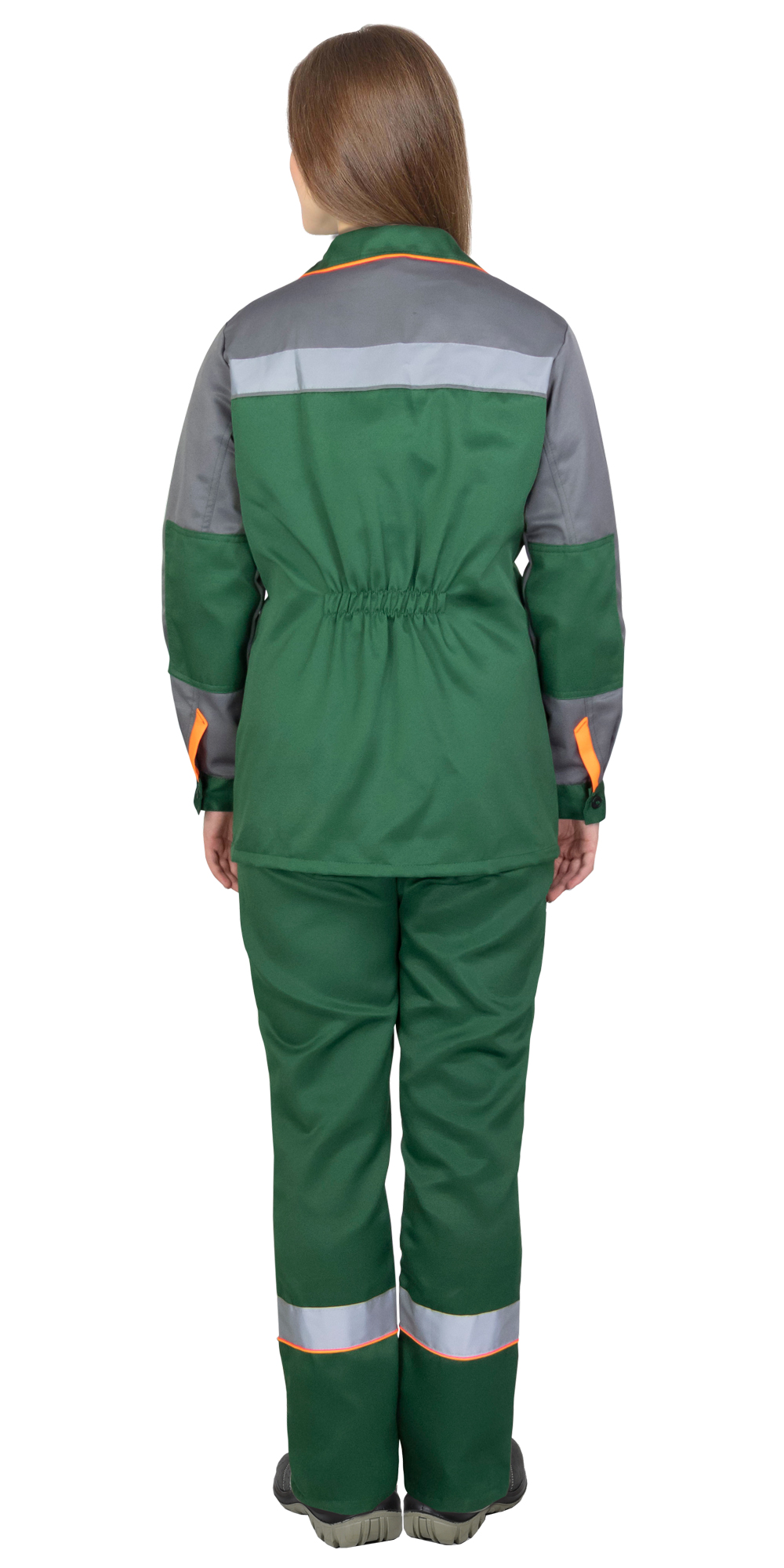 Костюм СИРИУС-УДАРНИЦА женский, куртка, п/к, зеленый со средне-серым с оранжевой отделкой и СОП Костюм СИРИУС-УДАРНИЦА женский, куртка, п/к, зеленый со средне-серым с оранжевой отделкой и СОП