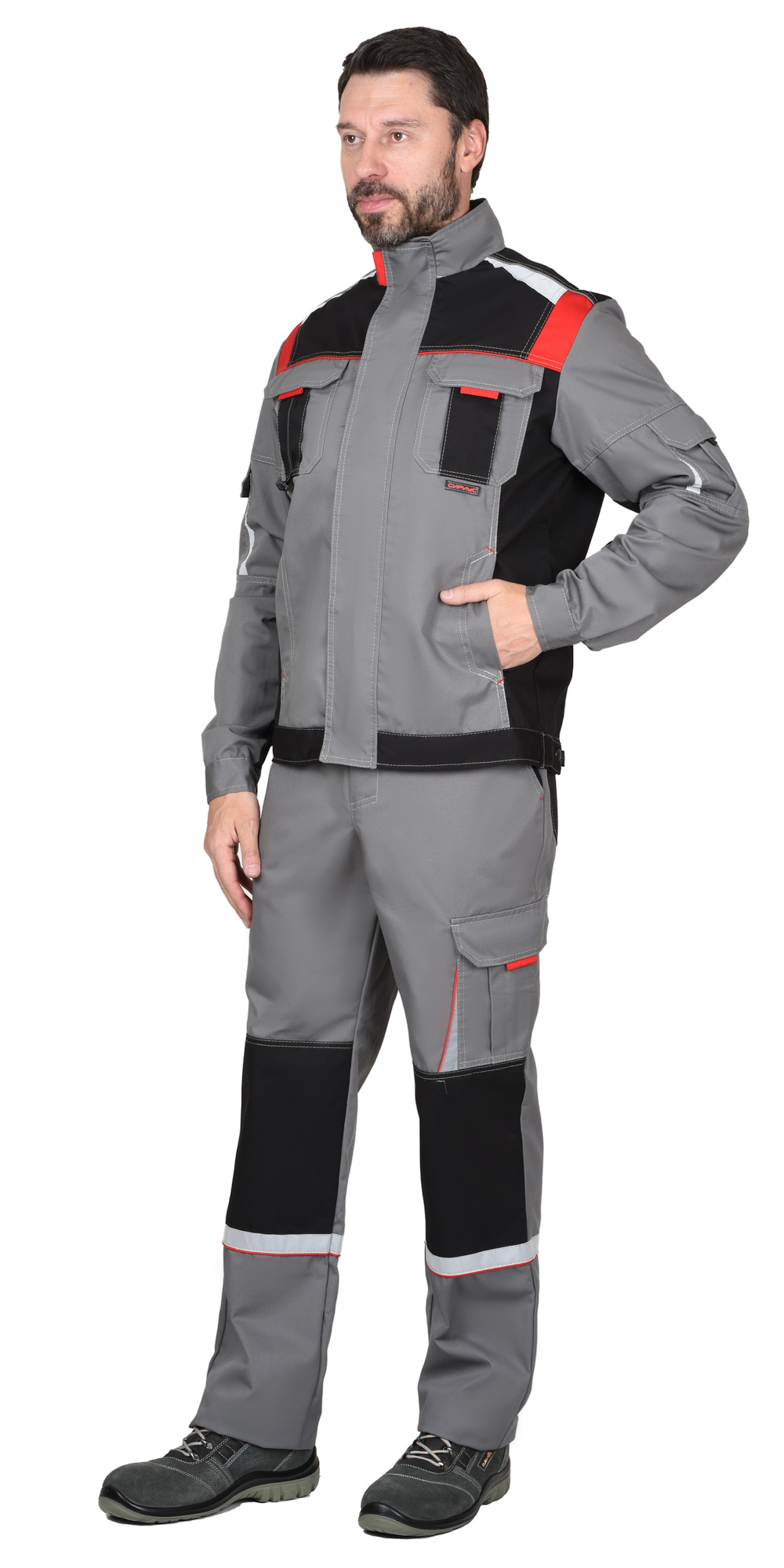 Костюм СИРИУС-СТАН куртка, п/к ср.серый с черной и красной отделкой Костюм СИРИУС-СТАН куртка, п/к ср.серый с черной и красной отделкой