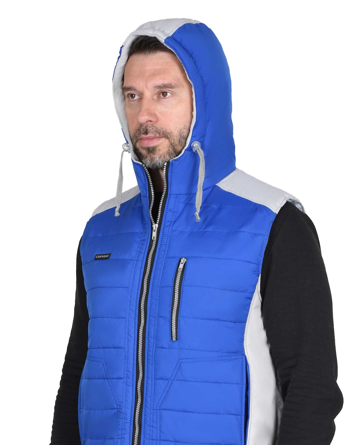 Жилет СИРИУС-УРБАН утепленный с капюшоном васильковый с жемчужным Жилет СИРИУС-УРБАН утепленный с капюшоном васильковый с жемчужным