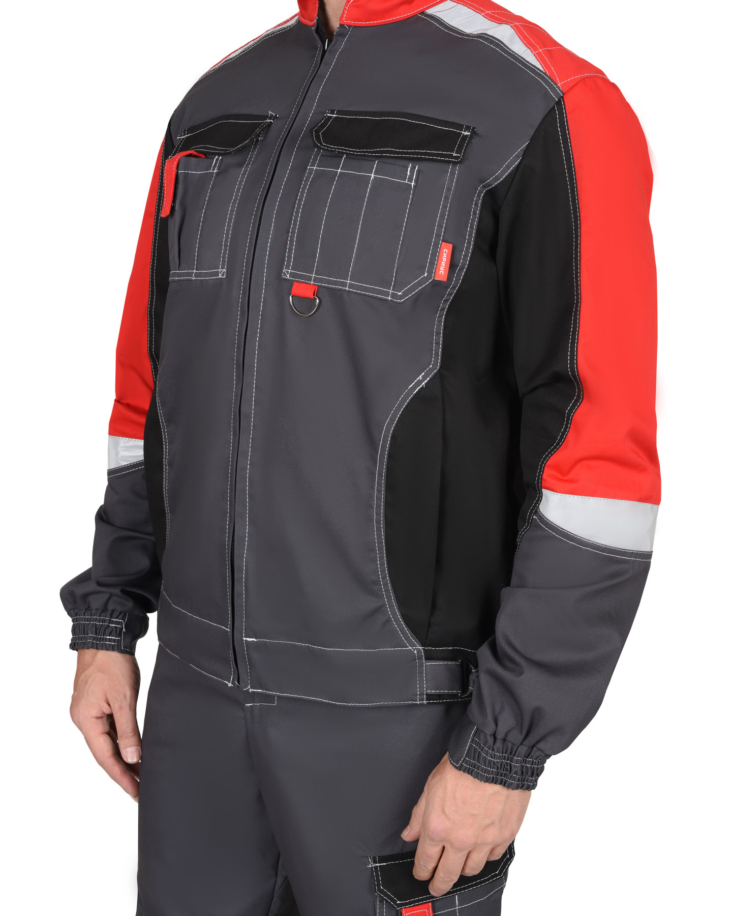 Костюм мужской летний СИРИУС-ФАВОРИТ-МЕГА куртка и полукомбинезон, серый с черным и красным, СОП Костюм мужской летний СИРИУС-ФАВОРИТ-МЕГА куртка и полукомбинезон, серый с черным и красным, СОП