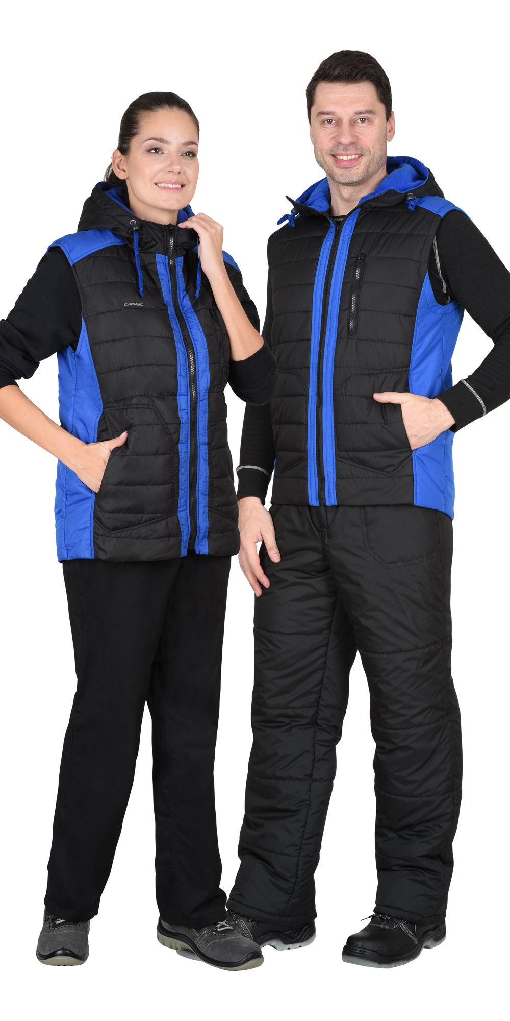 Жилет СИРИУС-УРБАН утепленный с капюшоном черный с васильковым Жилет СИРИУС-УРБАН утепленный с капюшоном черный с васильковым