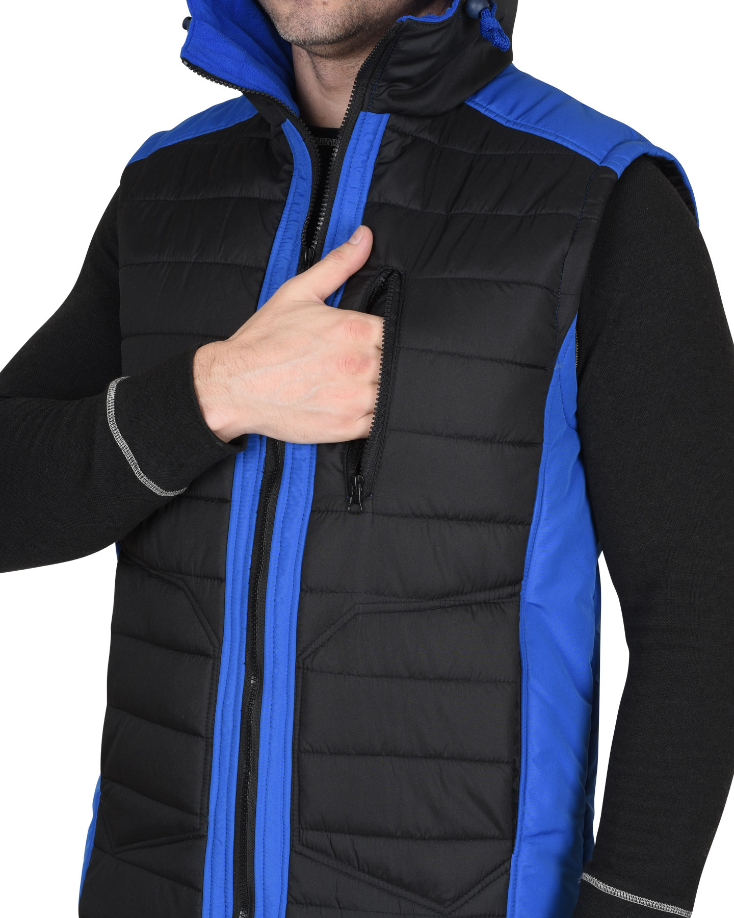 Жилет СИРИУС-УРБАН утепленный с капюшоном черный с васильковым Жилет СИРИУС-УРБАН утепленный с капюшоном черный с васильковым