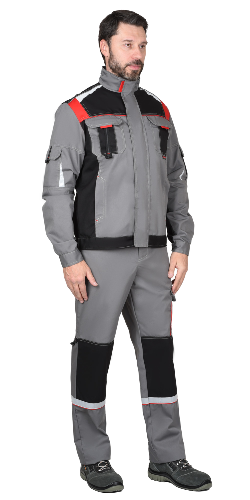 Костюм СИРИУС-СТАН куртка, п/к ср.серый с черной и красной отделкой Костюм СИРИУС-СТАН куртка, п/к ср.серый с черной и красной отделкой