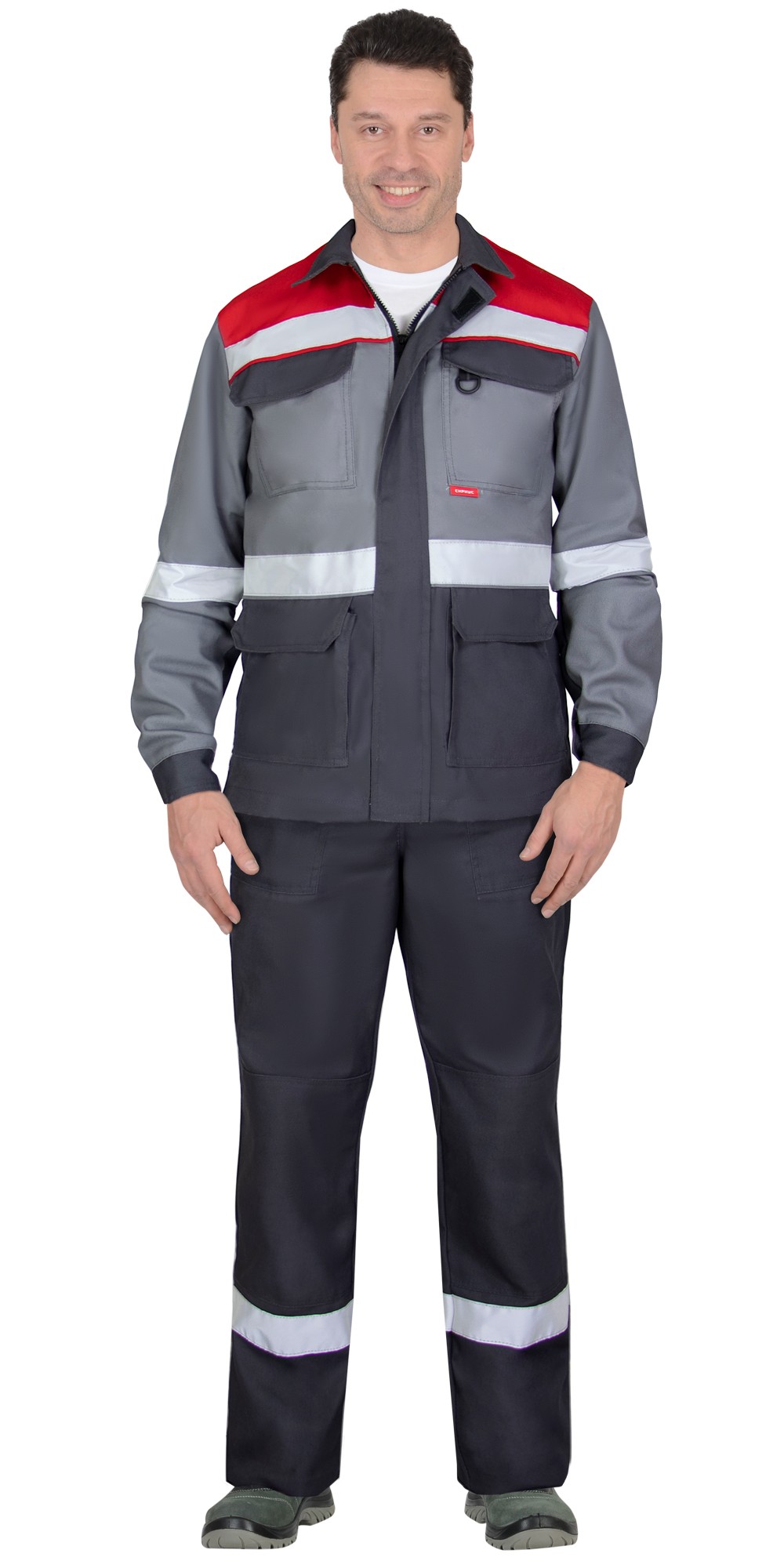 Костюм СИРИУС-ПАРИТЕТ куртка удлиненная, брюки, темно-серый со средне-серым, красным и СОП Костюм СИРИУС-ПАРИТЕТ куртка удлиненная, брюки, темно-серый со средне-серым, красным и СОП