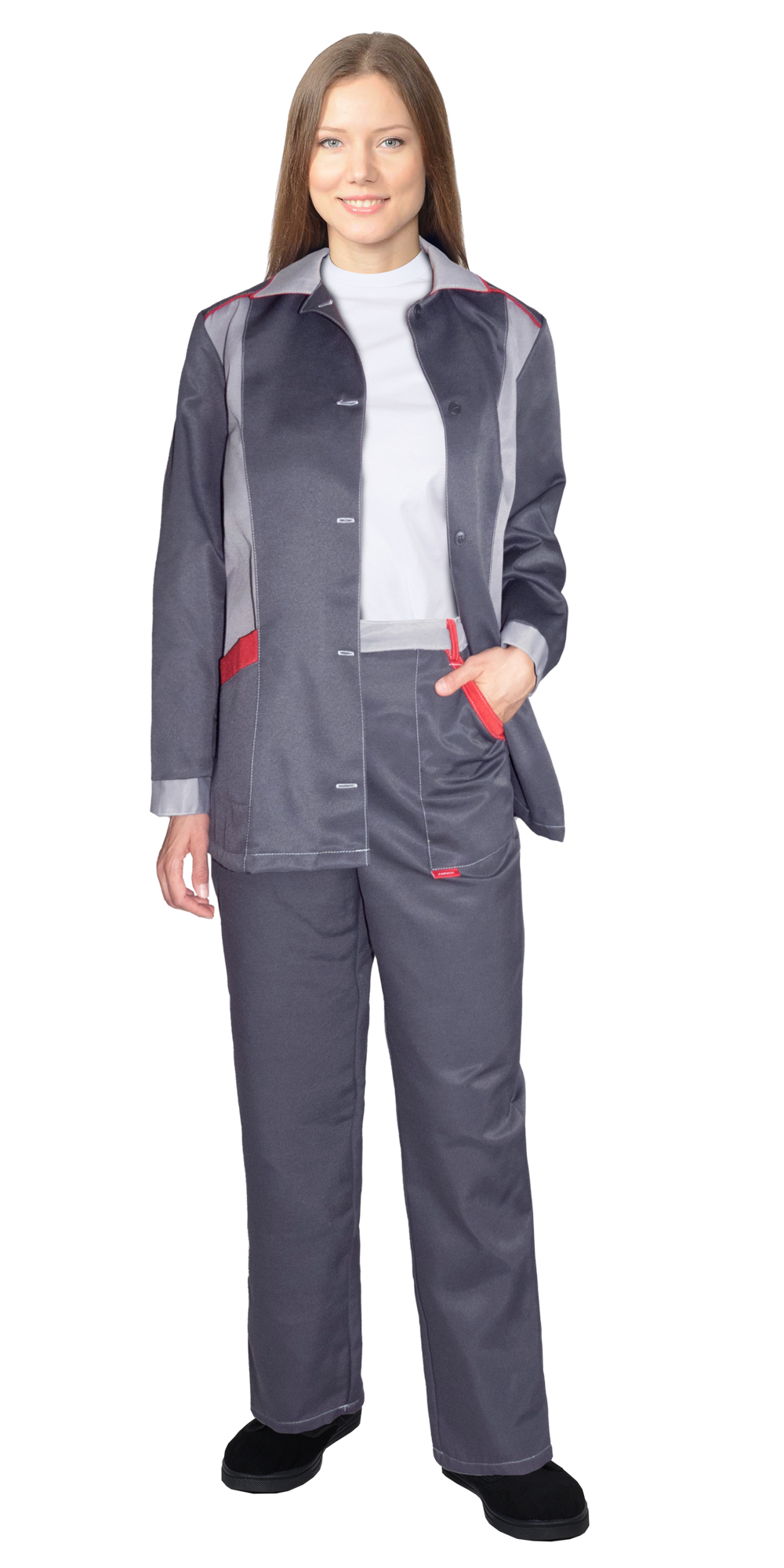 Костюм СИРИУС-ЗОЛУШКА женский, куртка, брюки, темно-серый со светло-серым и красной отделкой Костюм СИРИУС-ЗОЛУШКА женский, куртка, брюки, темно-серый со светло-серым и красной отделкой