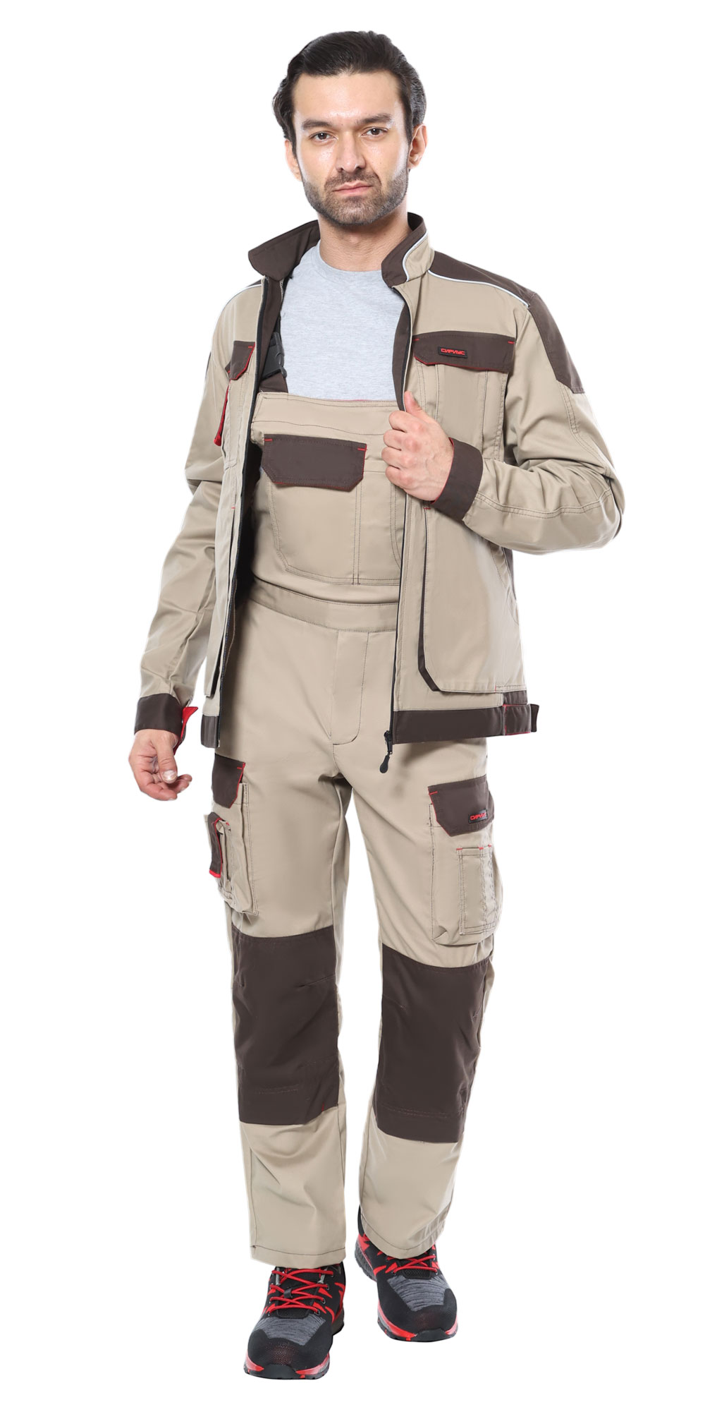 Костюм СИРИУС-ДЖЕТ БРАУН куртка, п/к, песочный с т.коричневым тк. мех. стрейч с ВО Костюм СИРИУС-ДЖЕТ БРАУН куртка, п/к, песочный с т.коричневым тк. мех. стрейч с ВО