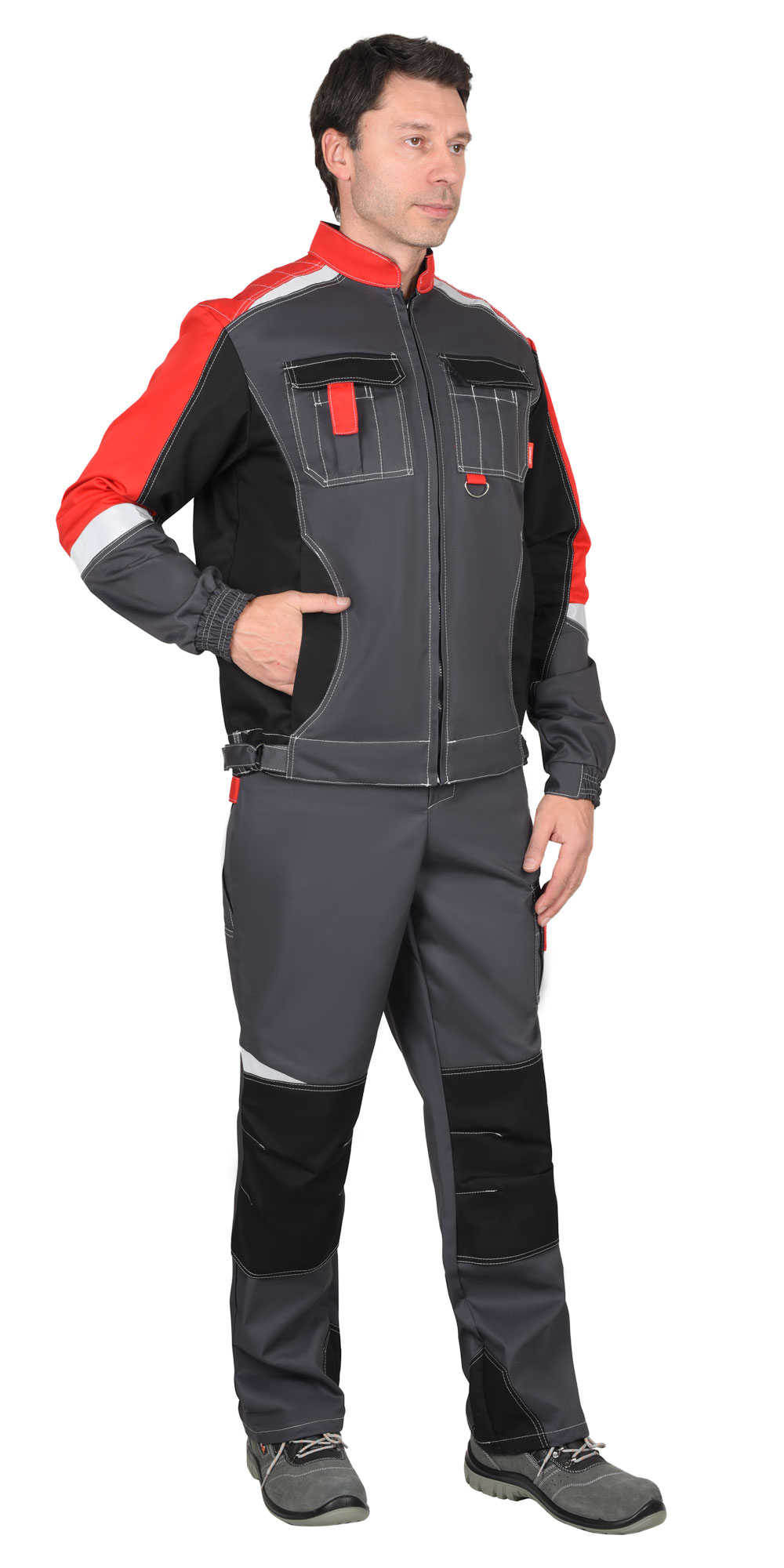 Костюм мужской летний СИРИУС-ФАВОРИТ-МЕГА куртка и полукомбинезон, серый с черным и красным, СОП Костюм мужской летний СИРИУС-ФАВОРИТ-МЕГА куртка и полукомбинезон, серый с черным и красным, СОП