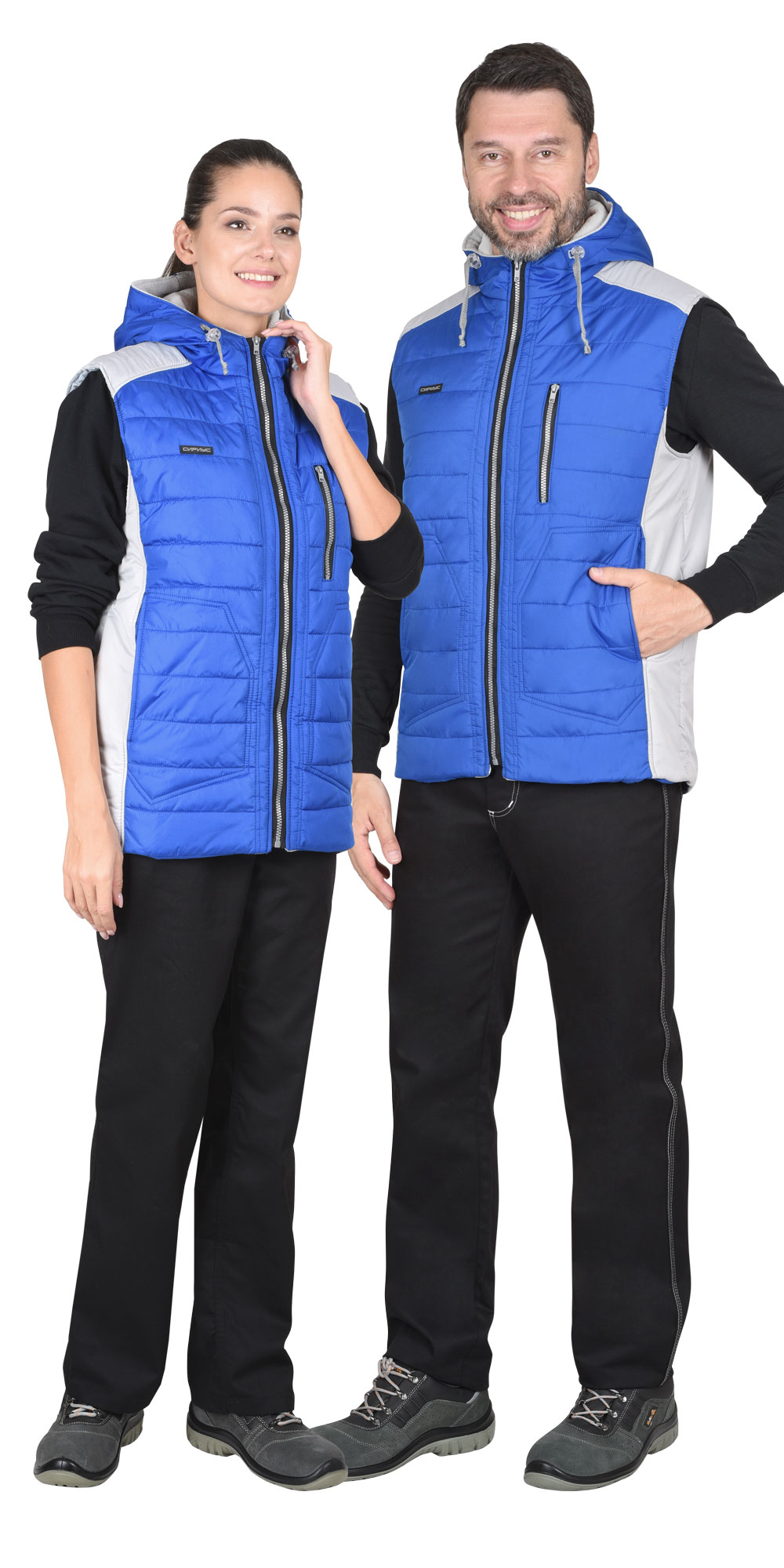 Жилет СИРИУС-УРБАН утепленный с капюшоном васильковый с жемчужным Жилет СИРИУС-УРБАН утепленный с капюшоном васильковый с жемчужным