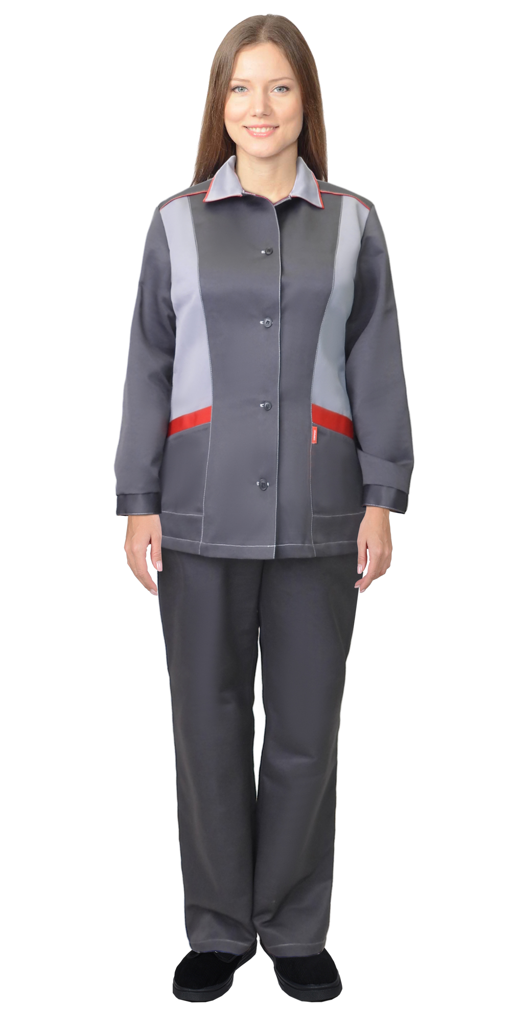 Костюм СИРИУС-ЗОЛУШКА женский, куртка, брюки, темно-серый со светло-серым и красной отделкой Костюм СИРИУС-ЗОЛУШКА женский, куртка, брюки, темно-серый со светло-серым и красной отделкой