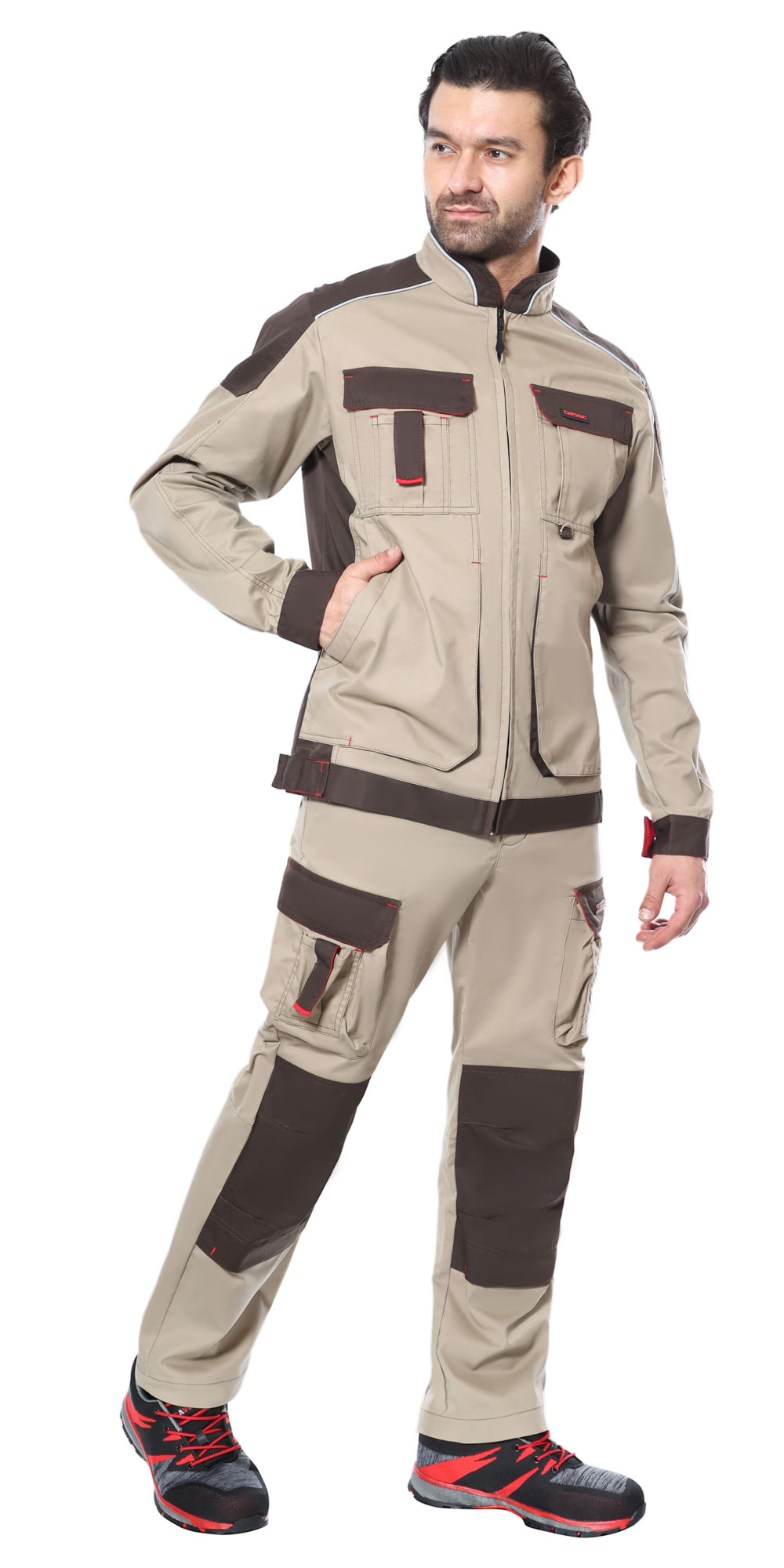 Костюм СИРИУС-ДЖЕТ БРАУН куртка, п/к, песочный с т.коричневым тк. мех. стрейч с ВО Костюм СИРИУС-ДЖЕТ БРАУН куртка, п/к, песочный с т.коричневым тк. мех. стрейч с ВО