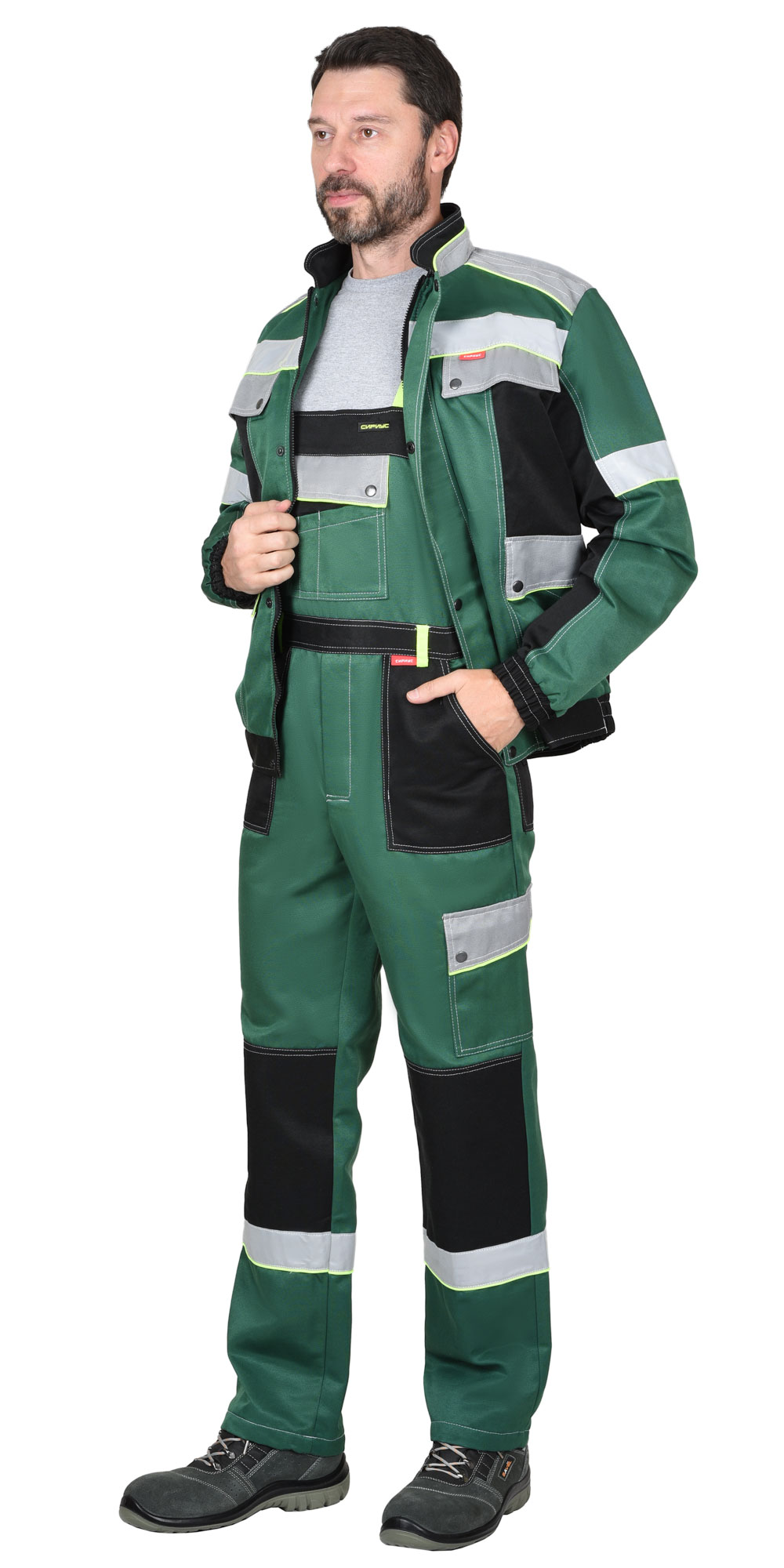 Костюм СИРИУС-ПОЛИНОМ муж., кур. кор., п/к. зеленый с черным и св.серым и СОП 50мм Костюм СИРИУС-ПОЛИНОМ муж., кур. кор., п/к. зеленый с черным и св.серым и СОП 50мм