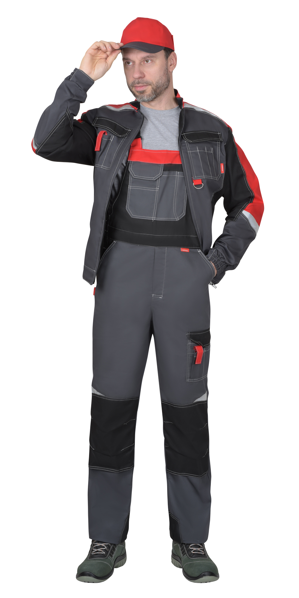 Костюм мужской летний СИРИУС-ФАВОРИТ-МЕГА куртка и полукомбинезон, серый с черным и красным, СОП Костюм мужской летний СИРИУС-ФАВОРИТ-МЕГА куртка и полукомбинезон, серый с черным и красным, СОП