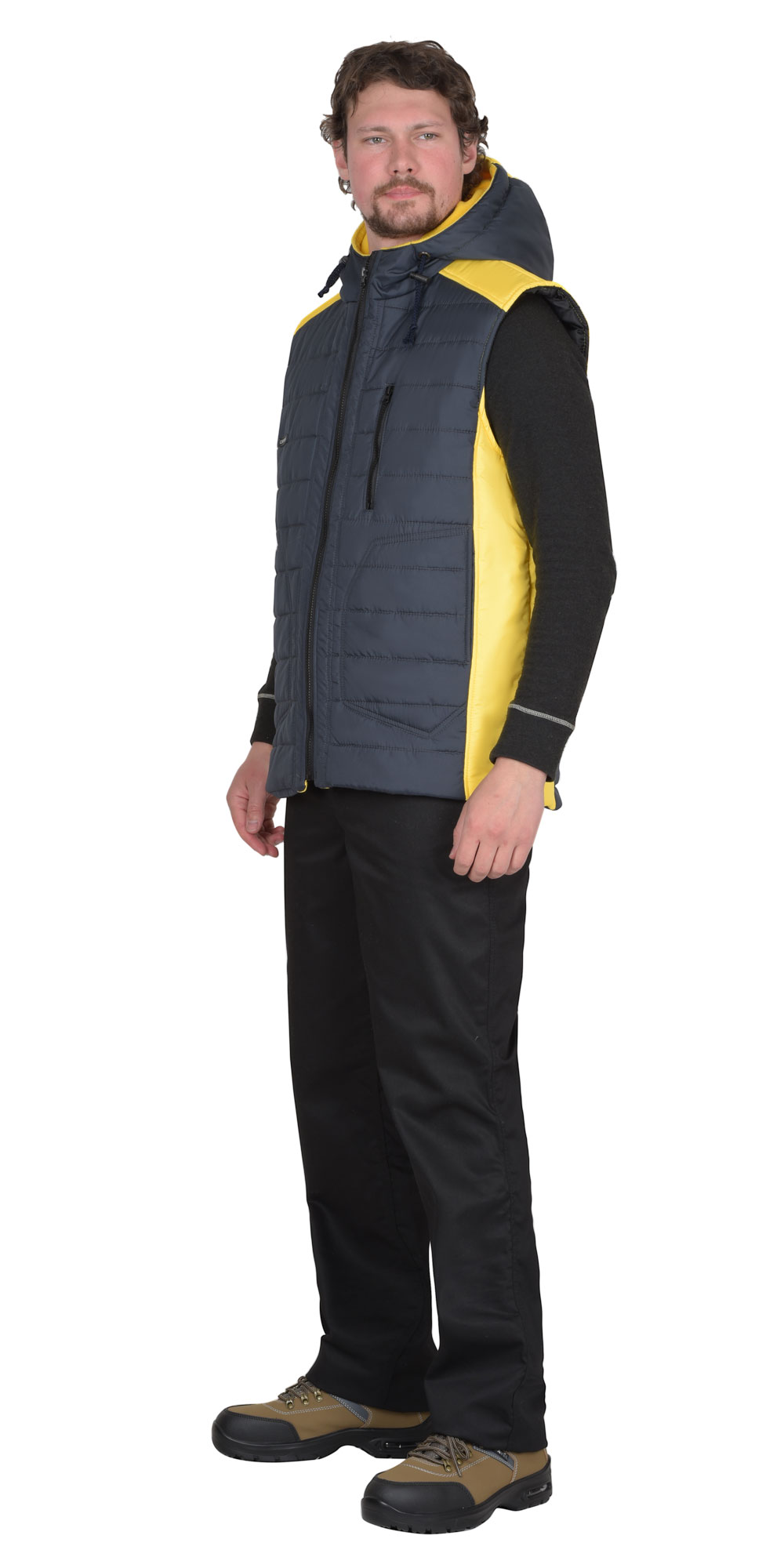 Жилет СИРИУС-УРБАН утепленный с капюшоном сине-серый с желтым Жилет СИРИУС-УРБАН утепленный с капюшоном сине-серый с желтым