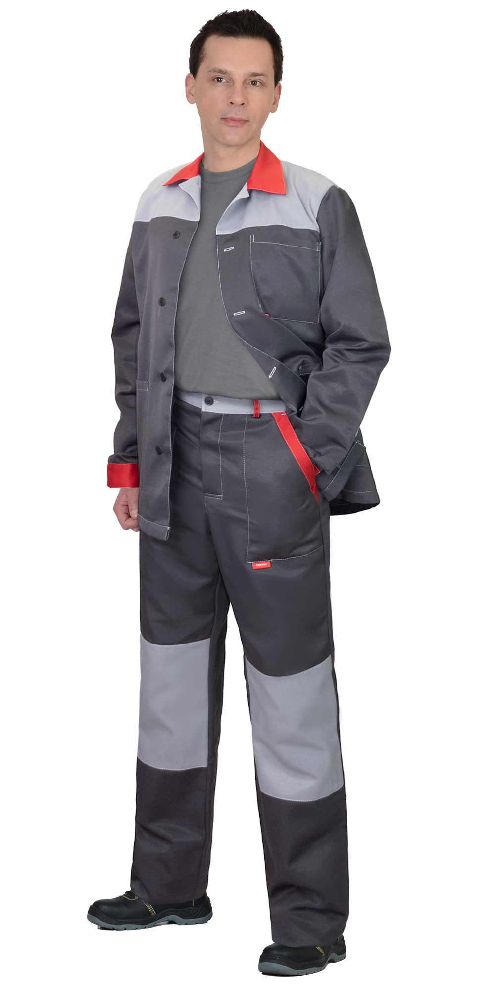 Костюм СИРИУС-АСПЕКТ куртка длин., брюки, темно-серый со светло-серым и красной отделкой Костюм СИРИУС-АСПЕКТ куртка длин., брюки, темно-серый со светло-серым и красной отделкой