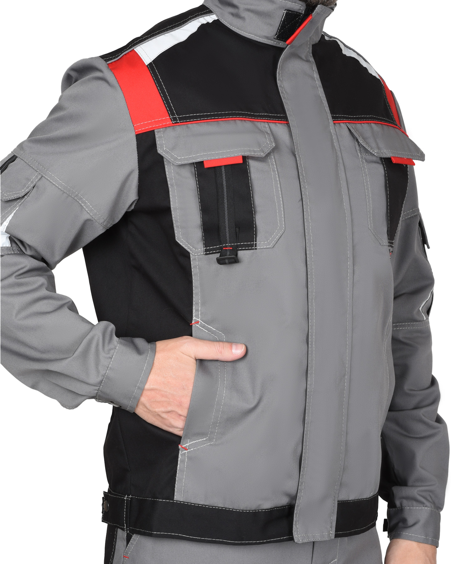 Костюм СИРИУС-СТАН куртка, п/к ср.серый с черной и красной отделкой Костюм СИРИУС-СТАН куртка, п/к ср.серый с черной и красной отделкой