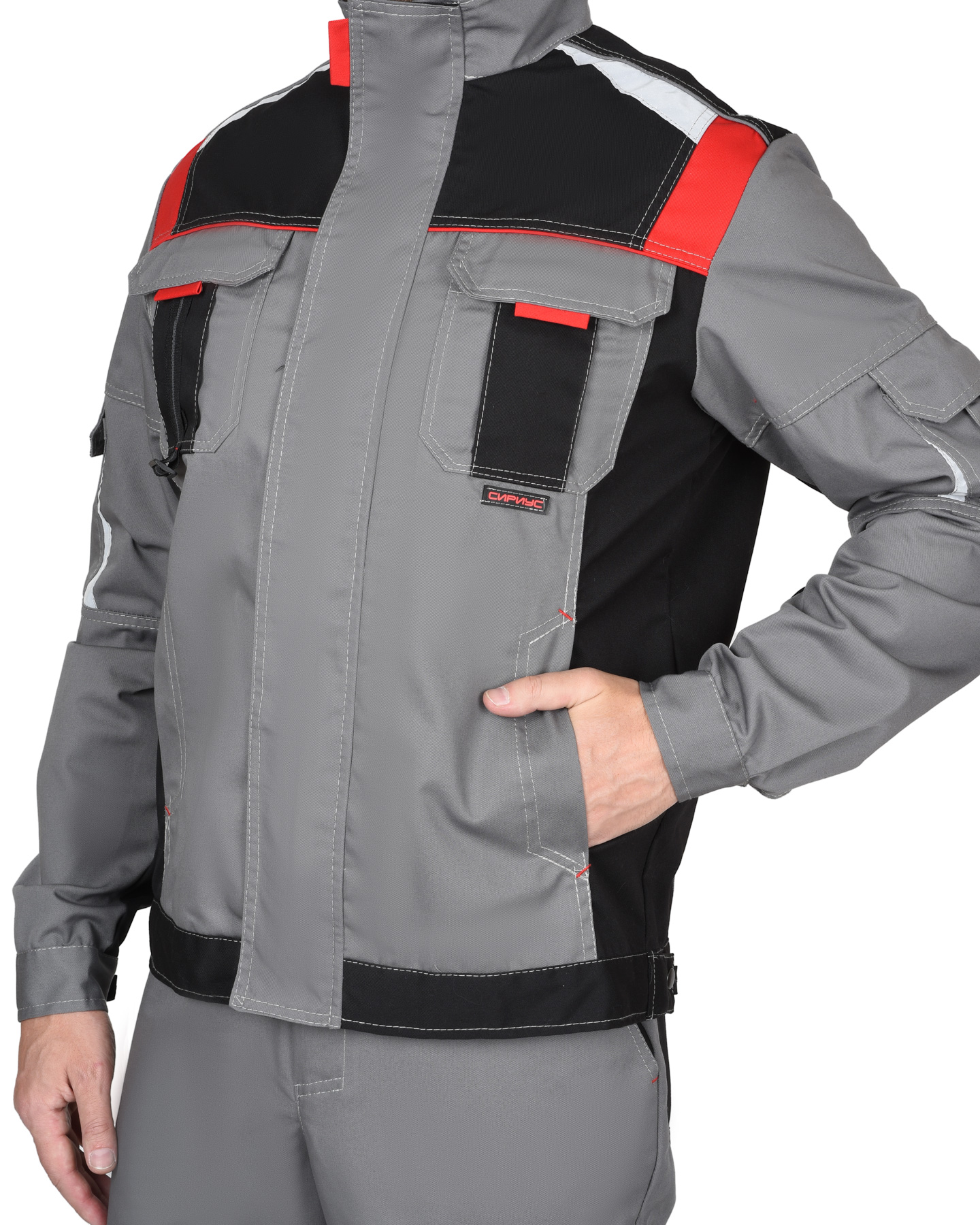 Костюм СИРИУС-СТАН куртка, п/к ср.серый с черной и красной отделкой Костюм СИРИУС-СТАН куртка, п/к ср.серый с черной и красной отделкой