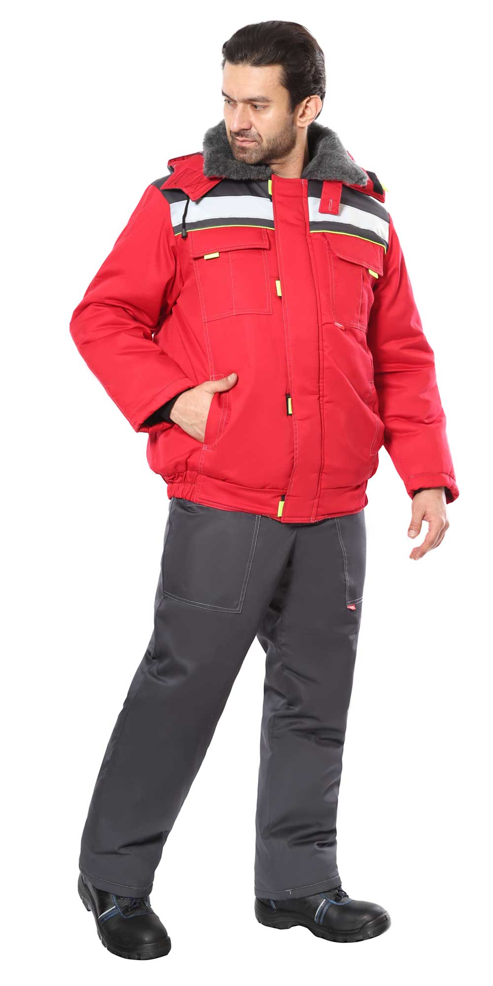 Куртка СИРИУС-ФАВОРИТ мех. ворот, красная с серым и лимонным кантом и СОП Куртка СИРИУС-ФАВОРИТ мех. ворот, красная с серым и лимонным кантом и СОП