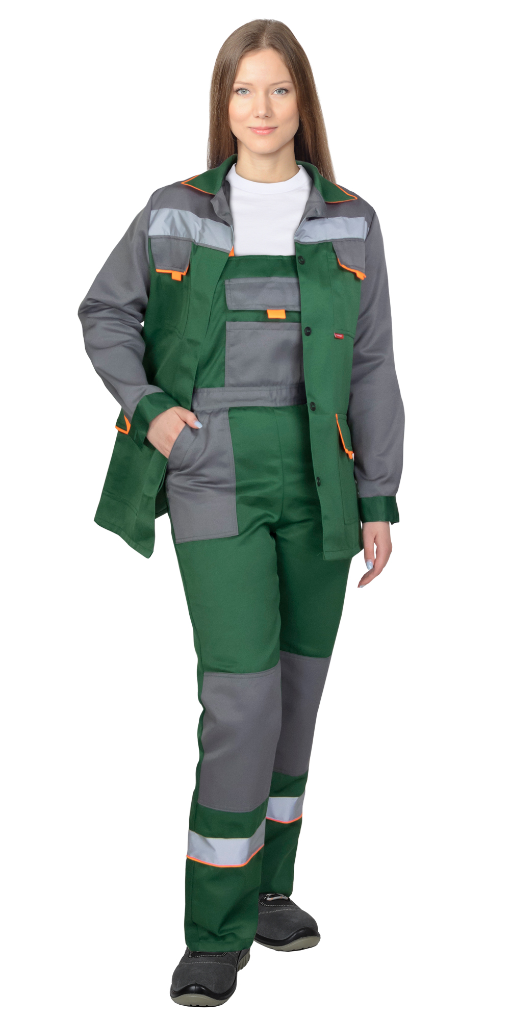 Костюм СИРИУС-УДАРНИЦА женский, куртка, п/к, зеленый со средне-серым с оранжевой отделкой и СОП Костюм СИРИУС-УДАРНИЦА женский, куртка, п/к, зеленый со средне-серым с оранжевой отделкой и СОП