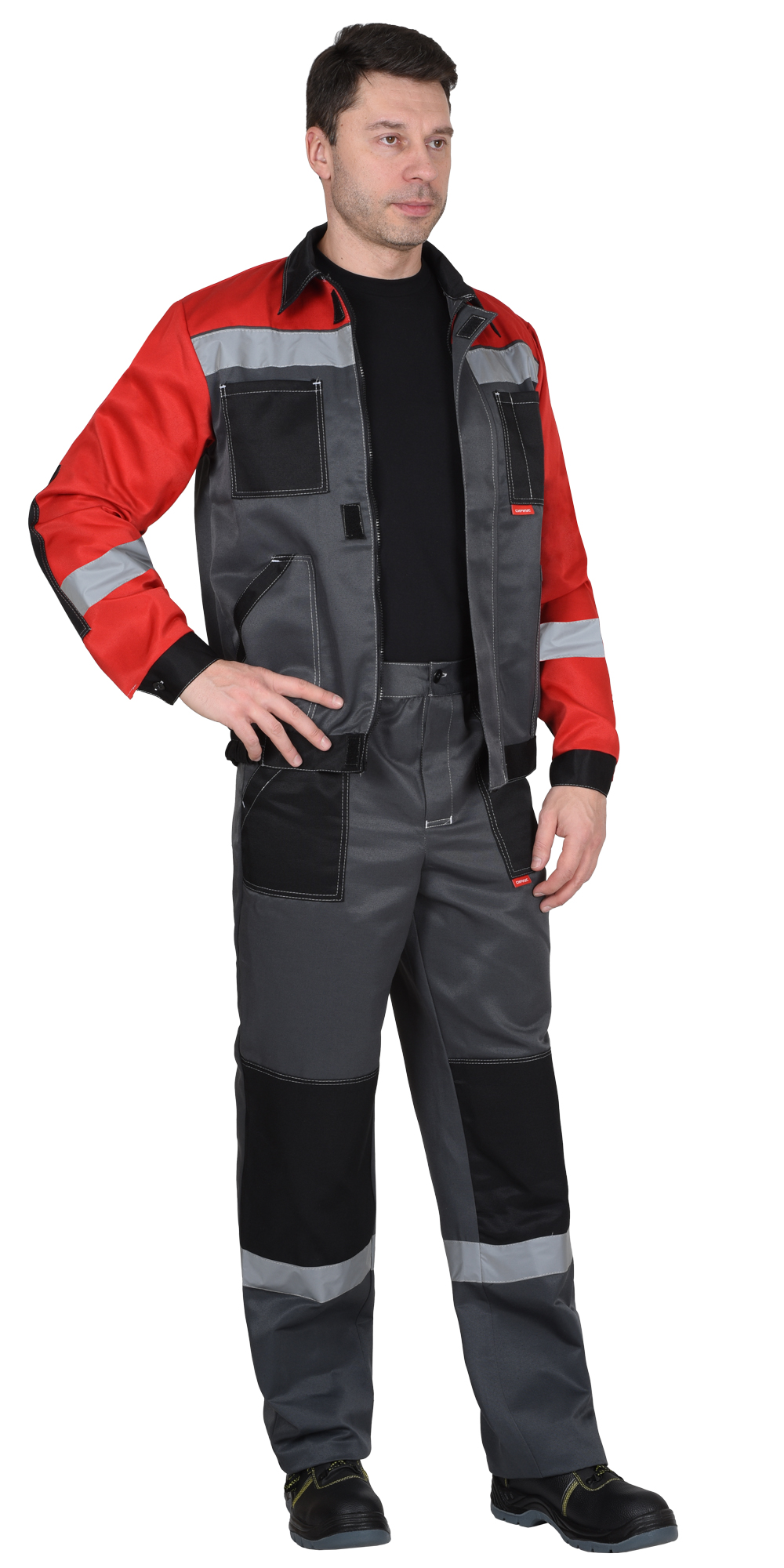 Костюм СИРИУС-ЛИГОР-2 куртка короткая, брюки, темно-серый с красным и черным, СОП Костюм СИРИУС-ЛИГОР-2 куртка короткая, брюки, темно-серый с красным и черным, СОП