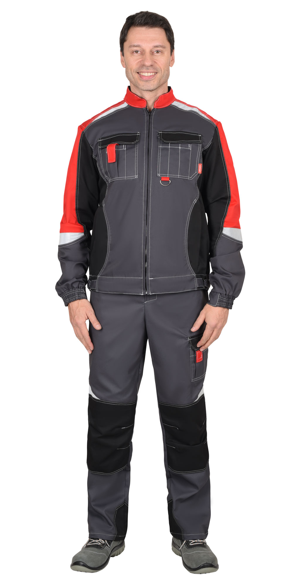 Костюм мужской летний СИРИУС-ФАВОРИТ-МЕГА куртка и полукомбинезон, серый с черным и красным, СОП Костюм мужской летний СИРИУС-ФАВОРИТ-МЕГА куртка и полукомбинезон, серый с черным и красным, СОП