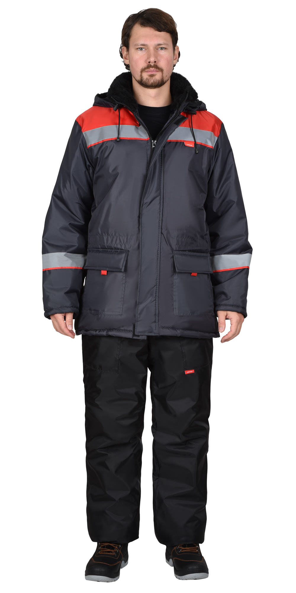 Куртка СИРИУС-БРИГАДИР зимняя мужская с мех. воротником и капюшоном, темно-серая с красным Куртка СИРИУС-БРИГАДИР зимняя мужская с мех. воротником и капюшоном, темно-серая с красным