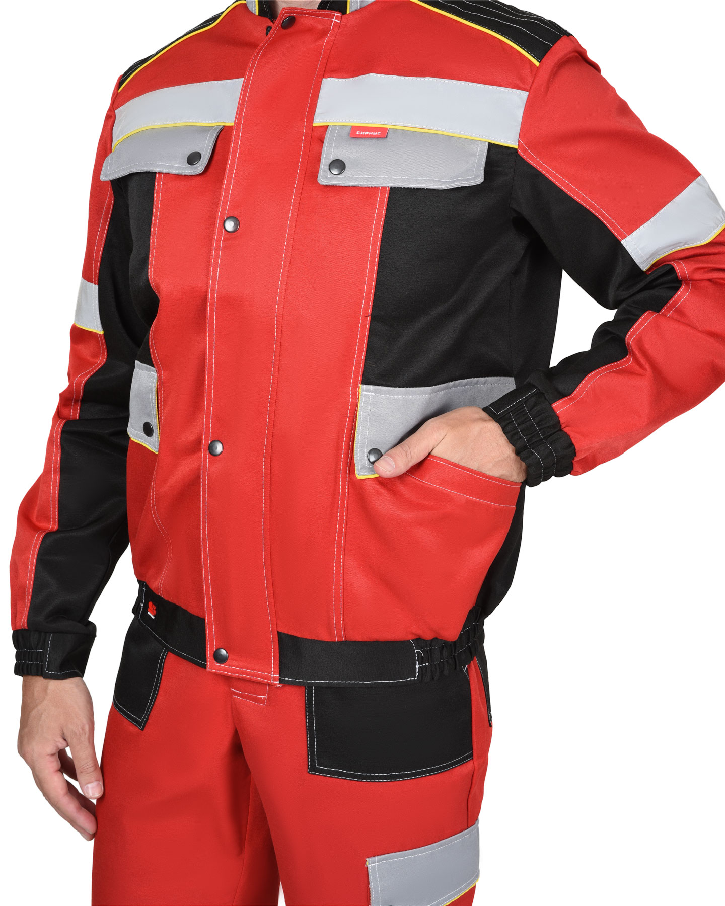 Костюм СИРИУС-ПОЛИНОМ муж.,курт.кор. п/к, черный с красным и св.серым СОП 50мм Костюм СИРИУС-ПОЛИНОМ муж.,курт.кор. п/к, черный с красным и св.серым СОП 50мм