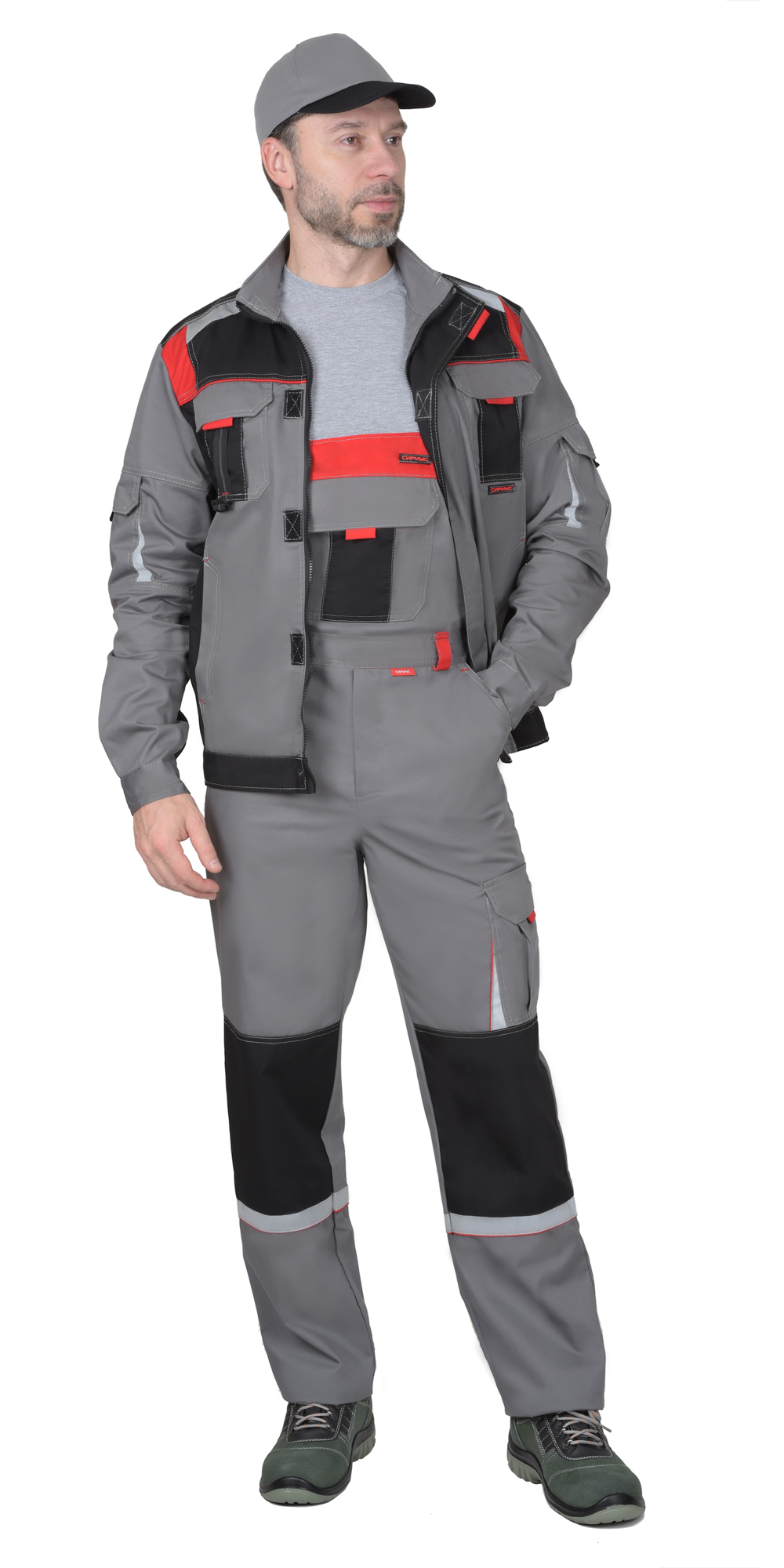 Костюм СИРИУС-СТАН куртка, п/к ср.серый с черной и красной отделкой Костюм СИРИУС-СТАН куртка, п/к ср.серый с черной и красной отделкой