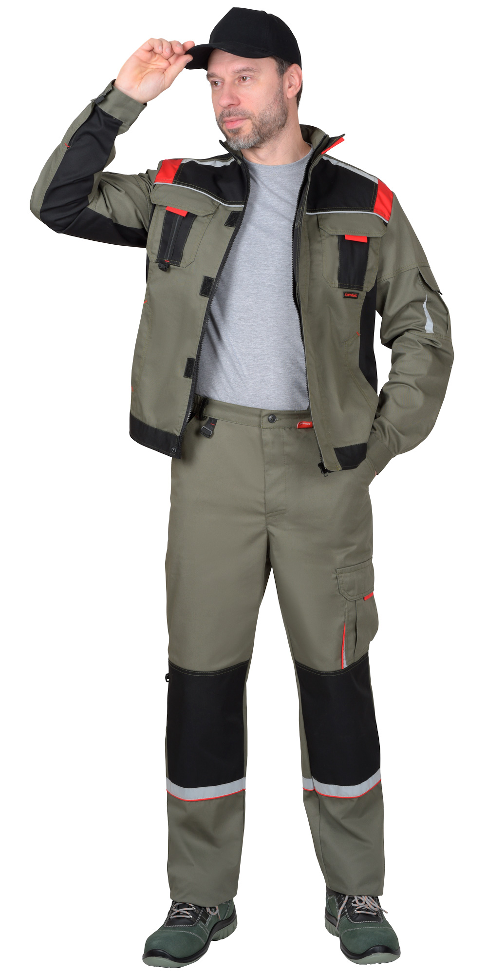 Костюм СИРИУС-СТАН куртка, брюки оливковый с черной и красной отделкой Костюм СИРИУС-СТАН куртка, брюки оливковый с черной и красной отделкой