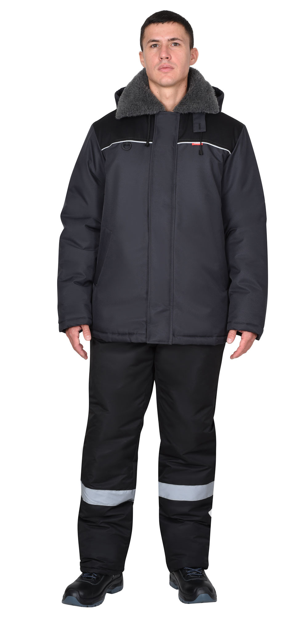 Куртка СИРИУС-МАСТЕР-М зимняя, муж. с мех. воротником и капюшоном, тёмно-серая с черым и СВ кантом Куртка СИРИУС-МАСТЕР-М зимняя, муж. с мех. воротником и капюшоном, тёмно-серая с черым и СВ кантом